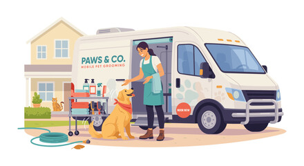 Obraz premium A mobile pet grooming van with a groomer and golden retriever stands outside a suburban home petcare vehicle transport