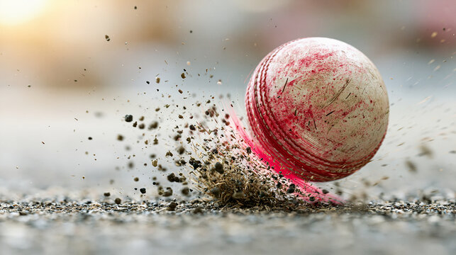Leather cricket ball bouncing on gravel surface scattering soil particles at high speed.