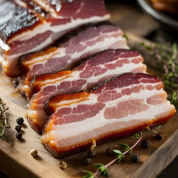 Tocino ahumado y curado en rodajas sobre una tabla de cortar de madera con especias