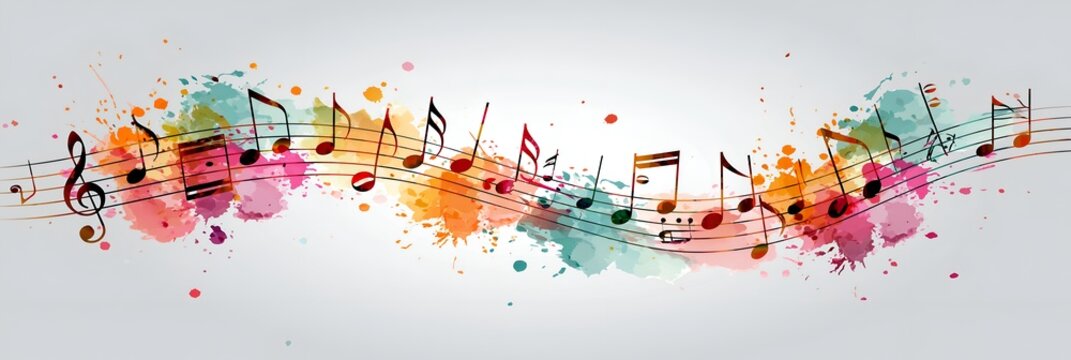 Colorful musical notes dance across a watercolor splash