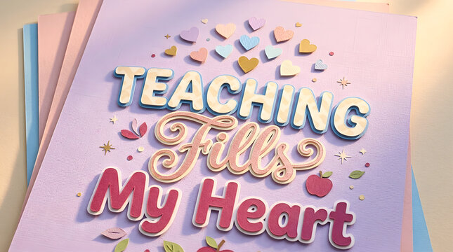 Teaching Fills My Heart quote on layered paper with hearts and apple icons for teachers.