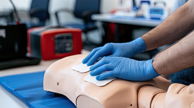 Hands in blue gloves placed on CPR dummy chest with defibrillator in background