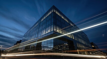 Naklejka premium Modern Skyscraper Corner at Dusk with Car Light Trails
