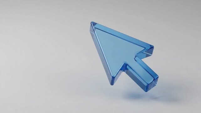 A 3D glossy transparent blue mouse cursor arrow pointer isolated on white background. Modern glassmorphism style click icon for UI, UX, web design, technology and digital interface concepts.