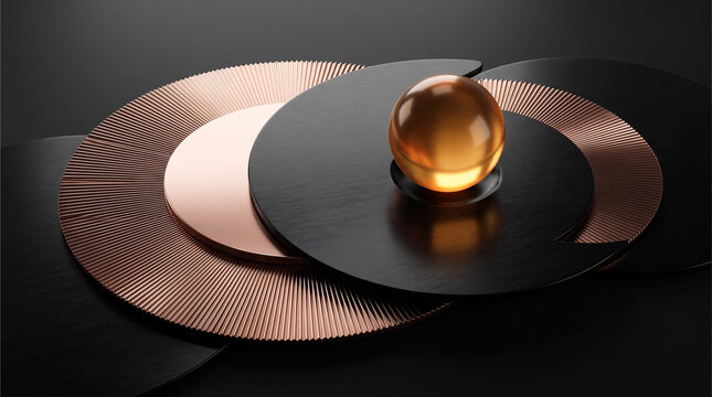 Abstract 3D render of intersecting copper and black textured circles with a central glowing gold sphere on a dark background
