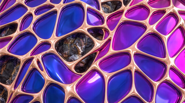 Abstract 3D render of an organic voronoi network structure in polished rose gold with iridescent blue and purple glass cells