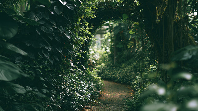 Lush tropical indoor garden path surrounded by dense green foliage for botanical and greenhouse themes.