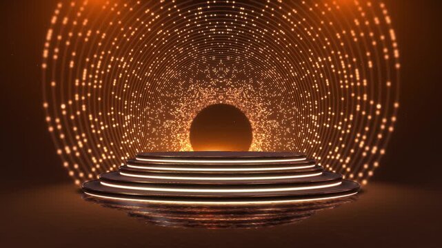 Premium golden presentation stage radiant portal lighting, sparkling particles dramatic cinematic depth. product launches, luxury advertising, award ceremonies, fashion promotions glamorous event
