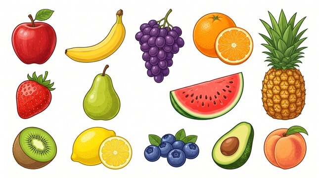 Colorful fruit icons set on white background. Assorted fresh organic fruits collection. Vibrant healthy food illustrations for grocery and menu design.