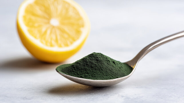 Macro close-up of spirulina powder in a silver spoon next to a fresh lemon slice on a light gray surface, highlighting vibrant colors and textures