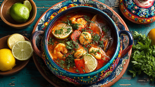 Authentic moqueca seafood stew in colorful clay pot with fresh herbs, Brazil Independence Day table styling, premium food photography, ultra realistic, no people