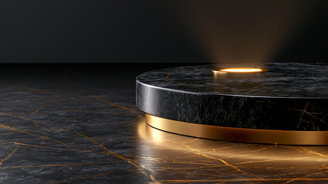 Luxury black marble platform with integrated gold lighting for high end product presentation.