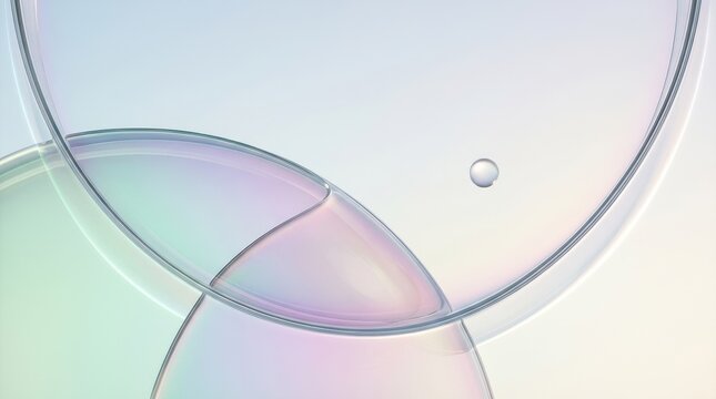 Translucent Glass Spheres Orbiting with Iridescent Light and Soft Pastel Colors
