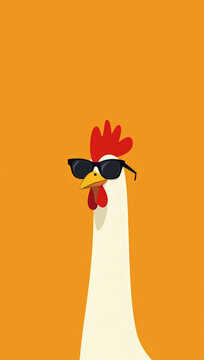 Minimalist illustration of a cool white chicken wearing stylish black sunglasses against a vibrant solid orange background