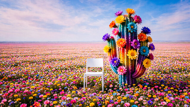 Chaise a cot&eacute; d'un cactus fleuri au milieu d'un champ de fleurs multicolores