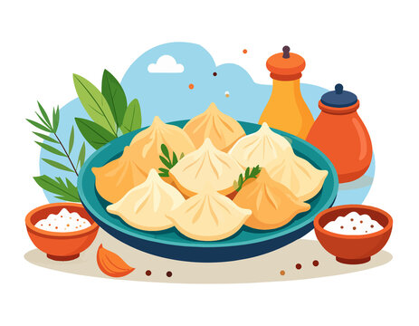 Traditional dumplings with sour cream and herbs &ndash; food illustration