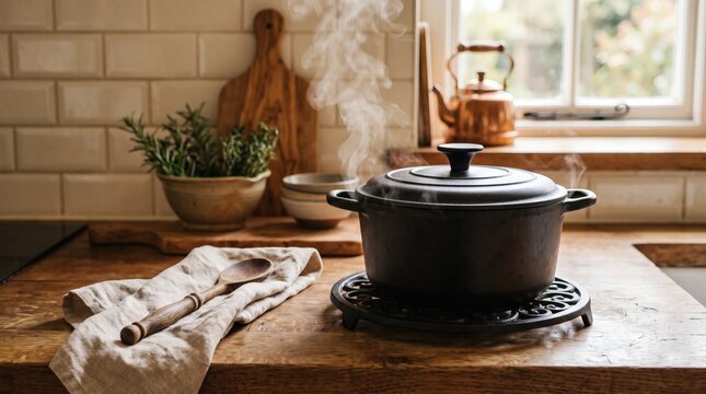 Cast iron trivet with a steaming pot on a rustic counter