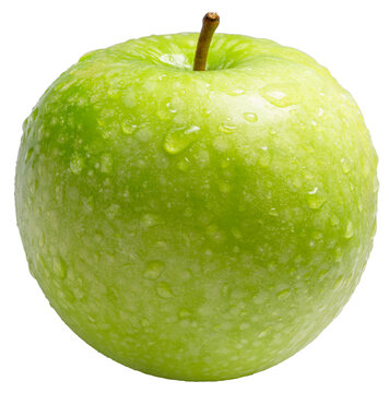 Green apple with fresh green leaf and water droplets isolated on white with work path, close up highlighting juicy texture, natural freshness and healthy organic fruit concept png file.