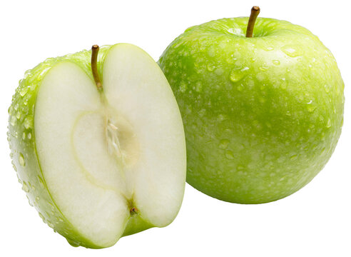 Green apple with fresh green leaf and water droplets isolated on white with work path, close up highlighting juicy texture, natural freshness and healthy organic fruit concept png file.