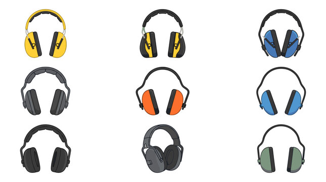 Safety Earmuffs and Hearing Protection Headphone Icon Set with Industrial Noise Reduction Mufflers for Construction Labor Safety Warnings and Work Protective Gear Designs
