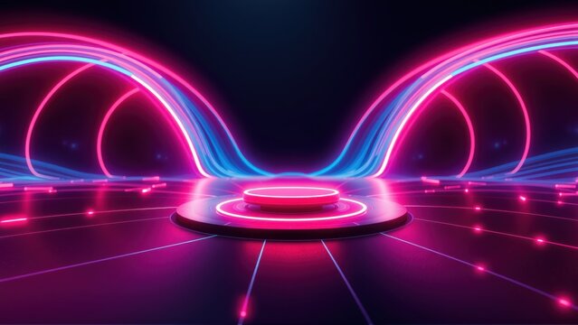 Futuristic stage design. Neon lights create abstract arches, glowing platform. Dark background emphasizes vibrant colors, digital aesthetic.