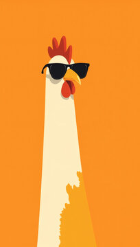 Cool Rooster Wearing Sunglasses on Bright Orange Background Minimalist Vector Illustration