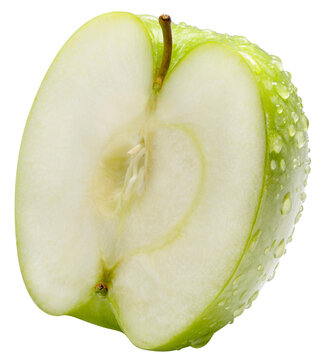 Green apple with fresh green leaf and water droplets isolated on white with work path, close up highlighting juicy texture, natural freshness and healthy organic fruit concept png file.