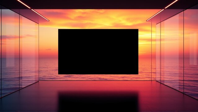 Minimalist room features glass walls, ocean view, sunset colors. Black rectangle dominates central space, creating contrast. Lighting accentuates geometry.