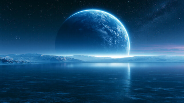 Massive blue planet rising above calm alien ocean reflecting starlight for futuristic space exploration background.
