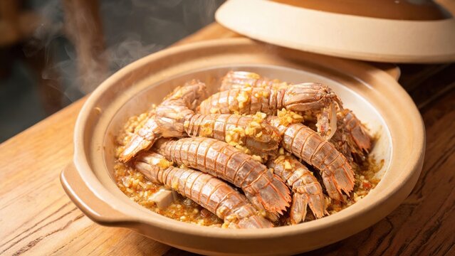  Casserole‑Baked Mantis Shrimp, Savory Chinese Seafood Cuisine With Plump Mantis Shrimp Braised In Fragrant Seasonings Inside Clay Pot