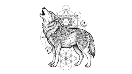 Mystical howling wolf illustration, sacred geometry mandala wolf art, celestial animal line drawing for tattoo or coloring page