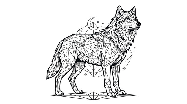 Geometric wolf line art illustration, low poly animal profile with celestial moon symbols, minimalist black and white wolf tattoo design