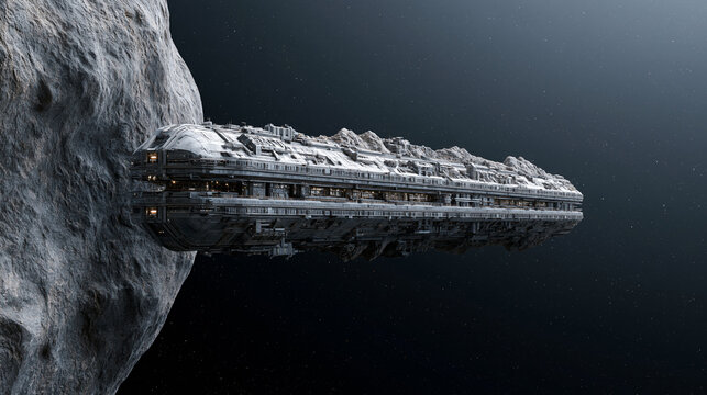 Massive futuristic spaceship docking into asteroid space exploration long exposure shot starfield background.