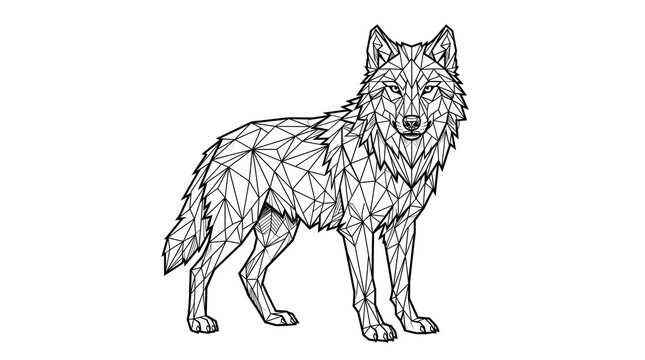 Geometric wolf illustration, low poly animal line art, minimalist black and white wolf head and body, modern wildlife tattoo design