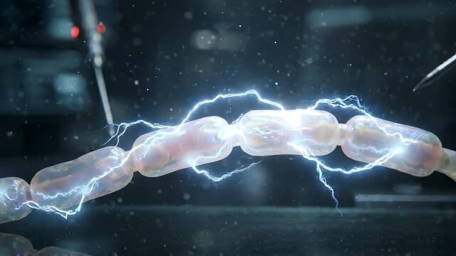 Intense Pearl Electrical Surge Traveling Along Axon - Bright Microscopic Laboratory Science
