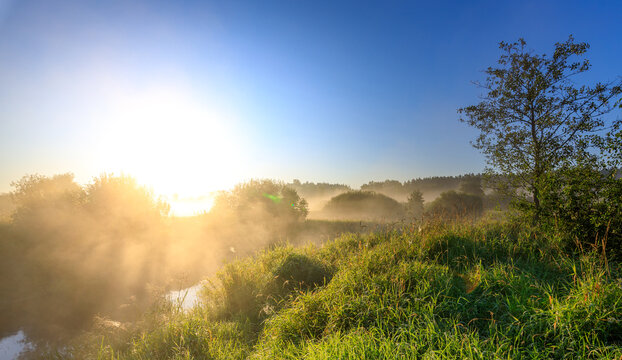 Misty dawn over river with sun breaking through trees and grass