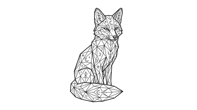 Geometric fox line art illustration, celestial fox tattoo design with moon and stars, black and white animal outline for coloring