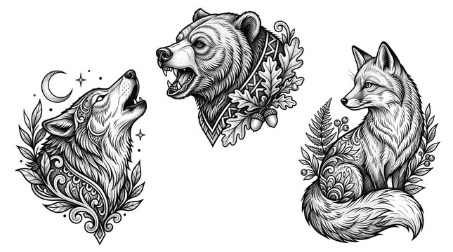 Vintage wildlife tattoo flash set, black and white wolf bear and fox illustrations, ornate forest animal engravings for apparel design