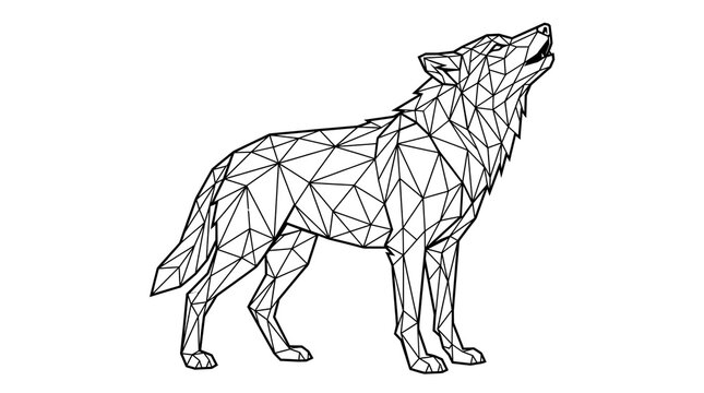 Geometric howling wolf illustration, low poly animal silhouette, black and white wireframe wolf art on white background