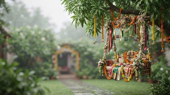 Teej Jhula Swing Decorated with Marigold Garlands in Green Garden &ndash; Monsoon Festival Outdoor Decor Background