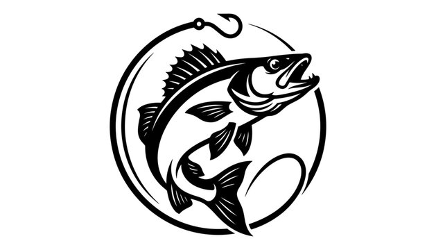 Walleye pike fish jumping inside a circular fishing line hook emblem badge ideal for angling tournament logos.