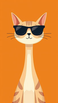 Cute vector illustration of a cool cat wearing sunglasses with a long neck against an orange background