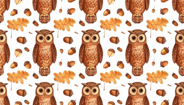 Autumn owls with leaves acorns seasonal repeating pattern