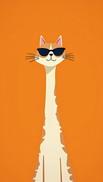 Funny Stylized Illustration of a Cool Cat with a Long Neck Wearing Sunglasses on an Orange Background