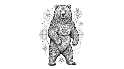 Geometric grizzly bear illustration, sacred geometry animal art, black and white mandala bear tattoo design on white background