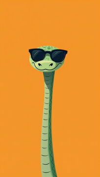 Cute green cartoon snake character wearing sunglasses on a bright orange background
