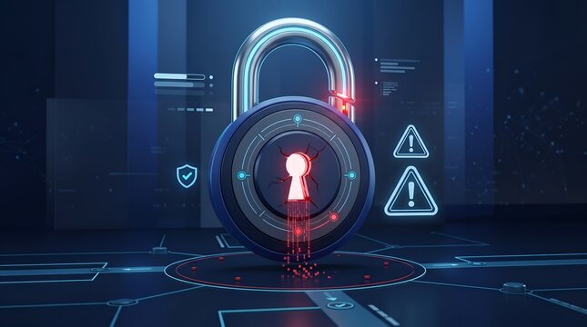 Cybersecurity lock with cracked keyhole and warning icons