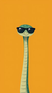 Funny green cartoon snake character wearing black sunglasses isolated on vibrant orange background for creative designs and illustrations