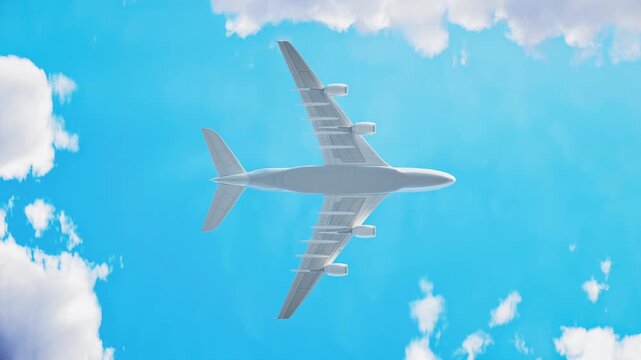 A commercial airliner flies directly overhead through a bright blue sky with cumulus clouds in this 3D animation, which includes a luma matte for travel and aviation compositing.