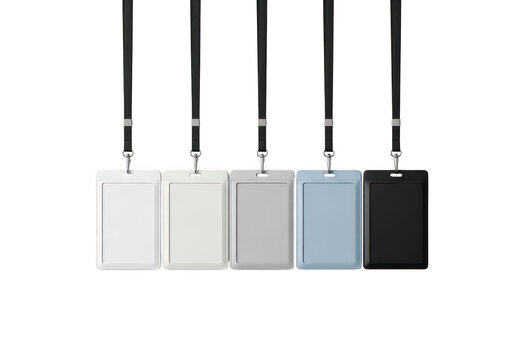 Four minimalist lanyards with badges isolated on transparent background